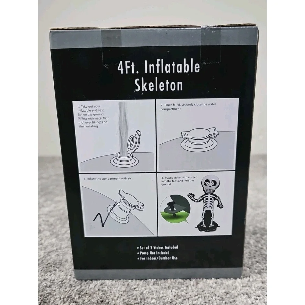 4 Feet Tall Inflatable Skeleton Glows‎ In The Dark Indoor/Outdoor Halloween New